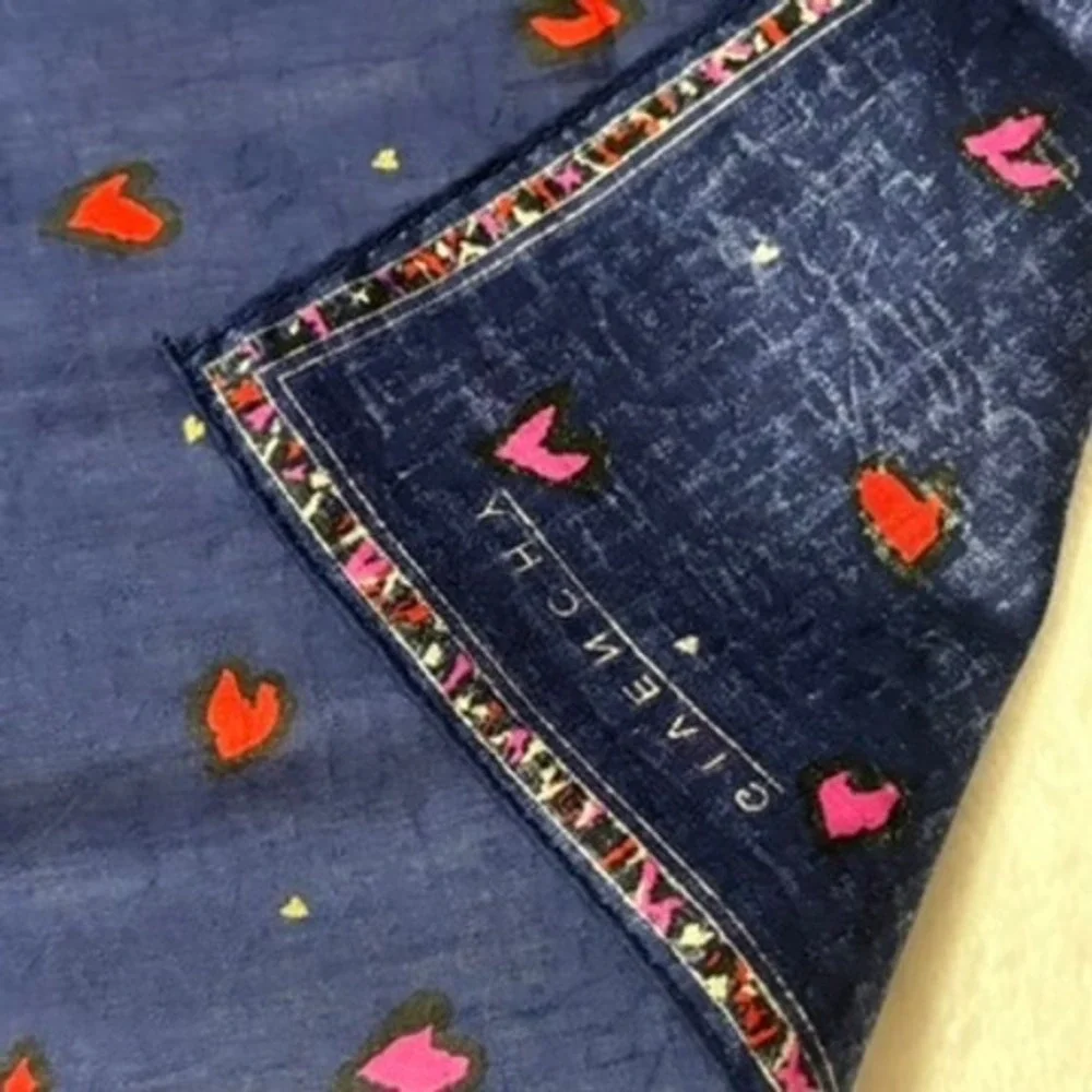 Vtg GIVENCHY Scarf Handkerchief Heart Cotton Navy Blue 18.5